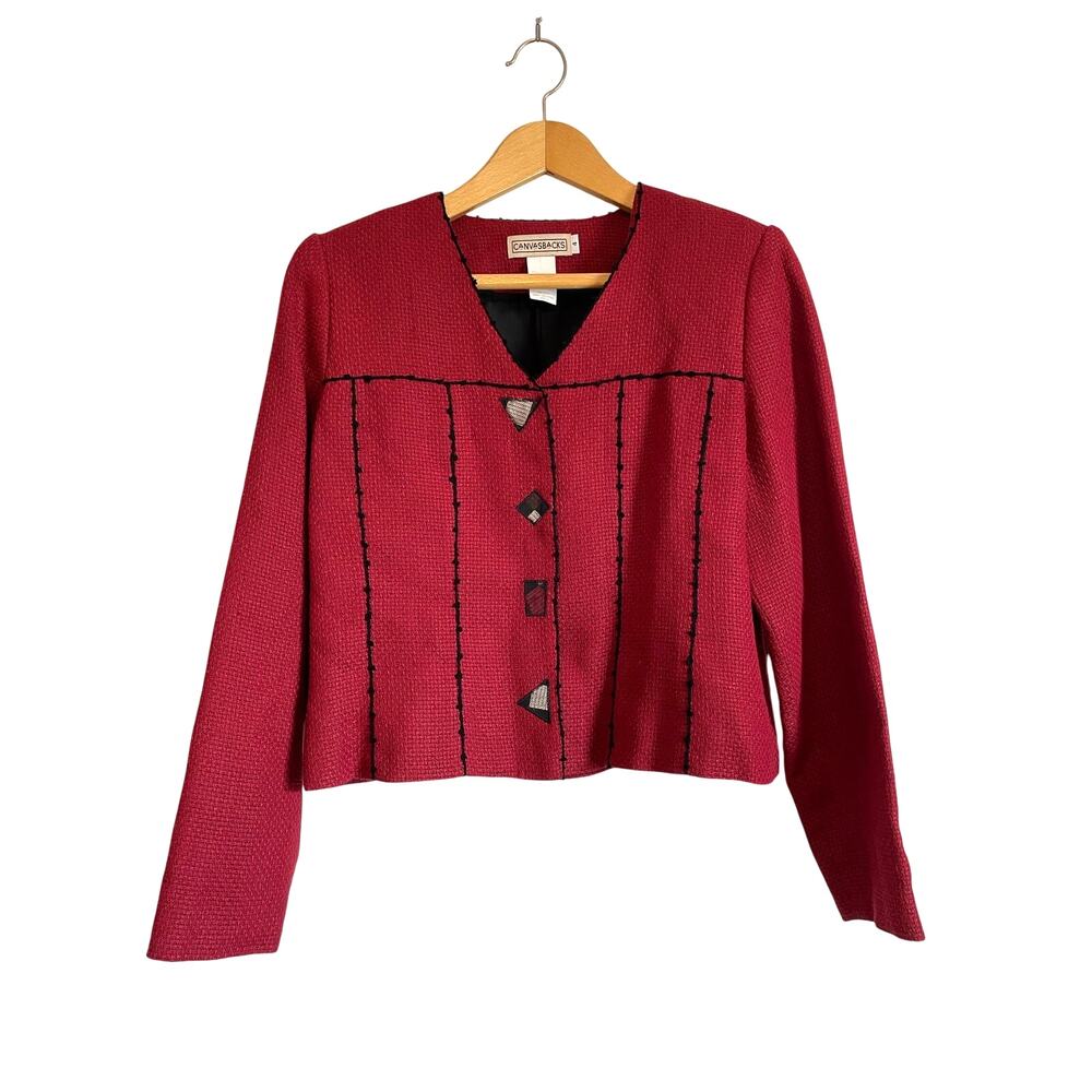 CanvasBacks cropped linen blazer vintage rust,black artsy buttons Size 4